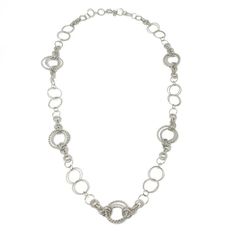 Long Round Silver Link Necklace-Jose Maria Barrera-Swag Designer Jewelry Formal Silver Chain Necklace With Round Pendant, Silver Chain Necklace With Round Pendant For Formal Occasions, Elegant Circle Hammered Necklaces, Elegant Hammered Circle Necklace, Formal Long Silver Chain Necklace, Silver Long Chain Necklace For Formal Occasions, Elegant Full Circle Hammered Jewelry, Elegant Round Metal Chain Necklace, Elegant Hammered Link Jewelry