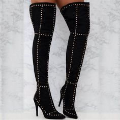 Tall Boots Pointed Toe Rivet Overknee Boots Black Suede Leather Long Boots Women High Heels Shoes black-36 Black Knee-high Wide Calf Platform Boots, Black Wide Calf Knee-high Platform Boots, Edgy Over-the-knee Winter Heeled Boots, Edgy Over-the-knee Winter Boots, Edgy Knee-high Boots For Fall Clubbing, Edgy Knee-high Boots For Club In Fall, Edgy Fall Club Knee-high Boots, Black Over-the-knee Platform Boots For Club, Fitted Black Knee-high Boots With Round Toe