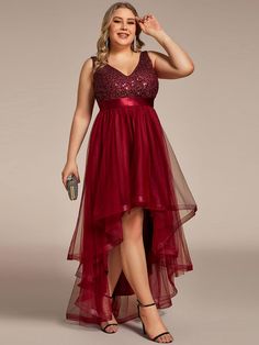 Plus Size Sleeveless Sequin Ribbon Waist Tulle High Low Evening Dress #color_Burgundy Sleeveless Tulle Sequin Dress For Party Season, Sleeveless Sequin Tulle Dress For Party Season, Sleeveless Tulle Sequin Party Dress, Homecoming Evening Dress With Contrast Sequin, Holiday Sleeveless Evening Dress With Contrast Sequin, Holiday Contrast Sequin Sleeveless Evening Dress, Sleeveless Tulle Sequin Dress, High Low Evening Dresses, Beautiful Long Dresses