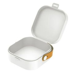 an open white and yellow lunch box on a white background