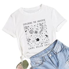 Summer Women T Shirt Versatile 100% Cotton Universe Space Stars Print Short Sleeve Oversized Tshirts Casual Graphic Tee Tops Trendy Relaxed Fit T-shirt With Star Print, Cotton T-shirt With Star Print For Summer, Trendy Star Print Summer Tops, Trendy Star Print Tops For Summer, Summer Crew Neck T-shirt With Star Print, Casual Crew Neck T-shirt With Star Print, White Star Print Short Sleeve Top, Summer Crew Neck Top With Star Print, Casual Short Sleeve Top With Star Print