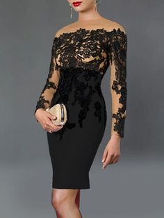 Sheath / Column Cocktail Dresses Luxurious Elegant Floral Dress Wedding Guest Tea Length Long Sleeve Off Shoulder Stretch Fabric with Appliques 2023 2023 - US $134.99 Fitted Evening Dress With Contrast Lace, Black Lace Dress For Banquet, Elegant Black Mini Dress With Lace Patchwork, Party Sheath Dress With Lace Patchwork, Fitted Black Lace Dress For Banquet, Fitted Lace Patchwork Dress For Banquet, Black Lace Patchwork Dress For Evening, Black Mini Dress With Lace Patchwork For Evening, Elegant Black Lace Dress For Banquet