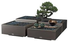 a bonsai tree sitting on top of a table next to two coffee tables with matching trays