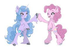 two pink and blue ponies standing next to each other with their hands together in the air