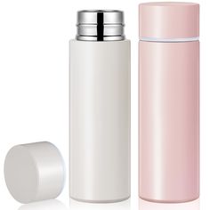 a white and pink bottle next to each other on a white surface with a silver lid