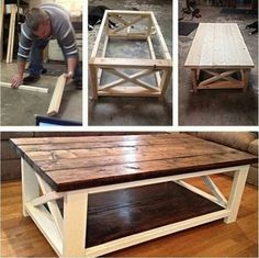 several pictures of coffee tables made from old pallets and wood planks, including one being used as an end table