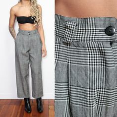 super chic vintage 80s/90s black & white houndstooth print wool trousers featuring a high waist, button and zip fly, hip pockets, belt loops and a wider leg - unlined = = = DESCRIPTION = = = BRAND: CW Clifford & Willis LISTED SIZE: - MATERIAL: 100% wool || acetate lining COLORS: black & beige/white FLAWS: -- CONDITION: very good vintage condition = = = MEASUREMENTS = = = (taken while garment is flat, please double) WAIST: 13.5 inches HIPS: 20 inches WAIST TO HEM: 38.5 inches INSEAM: 26.5 inches Retro Style Winter Workwear Pants, Vintage Winter Workwear Bottoms, Houndstooth Pattern Bottoms For Winter Workwear, Winter Houndstooth Bottoms For Workwear, Vintage Plaid Bottoms For Work, Vintage Plaid Pants For Work, White Houndstooth, Wool Trousers, High Water