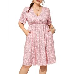 WhizMax Plus Size Dress Women's V Neck A-Line Knee Length Wrap Swing Dresses Plus Size A Line Party Mini Dress pink ditsy flower 4X-Large