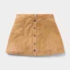 The Lamb Suede Gored Skirt is guaranteed to make a statement. The custom-crafted lamb suede leather skirt has a button-down and gored front. Ideal for a variety of occasions, this fashionable skirt will make a great addition to any wardrobe. Tan Suede Skirt, 70s Shorts, Gored Skirt, Tan Skirt, Wide Trousers, The Lamb, Suede Dress, Tee Dress, Retro Outfits