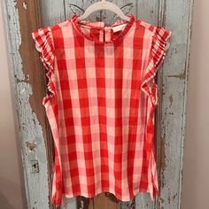 Nwot Loft Top. Adorable Accordion Pleat Detail On Sleeves And Color. One Button At Nape Of Neck. Size Medium. Casual Red Top For Picnic, Red Sleeveless Top For Picnic, Red Summer Tops For Picnic, White Short Sleeve Top For Picnic, Red Picnic, Nape Of Neck, Plaid Top, Plaid Tops, Red White