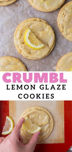 lemon glaze cookies on a plate with the words crumbl next to it