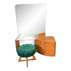 an image of a dressing table with mirror and footstool in the corner on white background