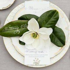 a table setting with white flowers and green leaves on it, silverware and napkins