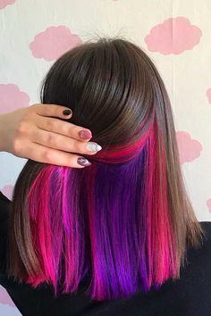 Peekaboo Fashion Color Hair, Peekaboo Hair Color 2023, Blonde And Peekaboo Color, Peekaboo Hair Color On Black Hair, Two Colored Hair Ideas, Red Orange And Black Hair, Colorful Peekaboo Hair, Color Pop Hair Ideas, Peekaboo Vivid Hair Color