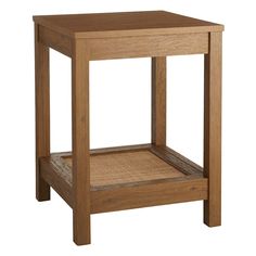 an end table with a basket underneath it