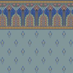 a blue and yellow wallpaper with an ornate design on it's side panel