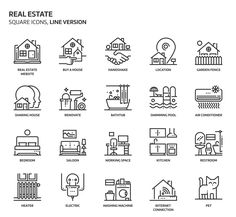 the real estate line icons are shown in black and white, with different types of houses