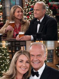 an older man and woman drinking beer in front of a christmas tree with lights on it