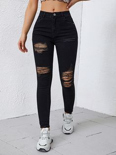 Black    Denim Plain Skinny Embellished High Stretch  Women Denim Ripped Jeans Outfit Women, Black Ripped Jeans Outfit, Cute Ripped Jeans, Ripped Jeans Outfit, Womens Ripped Jeans, Cute Outfits With Jeans, Black Jeans Outfit, Black Ripped Jeans, Neue Outfits