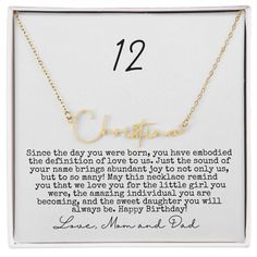 a gold necklace with the words, happy birthday written in cursive writing on it