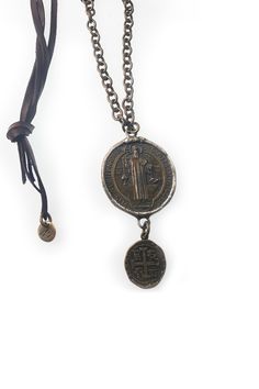 36 Inch lenght with 3 Inch extension2 Inch diameter Coin Medallion PendantPlus 1 inch diameter coin dangle Brown Leather Necklace With Adjustable Length, Adjustable Medallion Coin Necklace, Adjustable Leather Pendant Necklace, Bronze Medallion Necklaces With Charms, Vintage Leather Necklace As Gift, Vintage Leather Necklace For Gift, Adjustable Medallion Necklace With Oxidized Finish, Adjustable Metal Coin Necklace, Adjustable Brown Medallion Jewelry