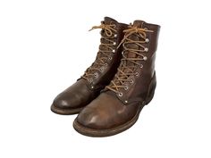 "1990s Vintage Oil Brown Genuine Leather Flat Lace Up Combat Boots-US Men Size 9-Oil Resistant-Vintage Boots-Men Boots-Vintage Men Wear-Boots. Size 9 Vintage brown genuine leather Men flat lace up work combat boots. These boots were made in the 1990s in the USA. They are 100% leather upper and lining and have a man made oil resistant sole.  Size 9 D height: 9\" length: 11.75\" insole: 10.5\" width: 4.25\" heel: 1\" Material: leather  Color: brown Condition: Good Vintage" Vintage Moc Toe Moto Boots For Fall, Vintage Winter Moto Boots With Reinforced Toe, Vintage Leather Work Boots For Winter, Vintage Moto Boots For Outdoor Winter Use, Vintage Moto Boots For Winter Outdoor Activities, Vintage Moto Boots For Winter Outdoor, Vintage Moto Boots With Reinforced Moc Toe, Vintage Combat Boots For Winter Outdoor, Vintage Winter Combat Boots For Outdoor