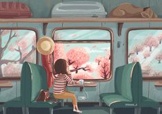 a woman is sitting on a train looking out the window at trees with pink blossoms