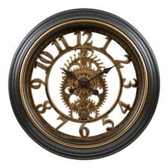 a black and gold clock with roman numerals on the face is shown against a white background