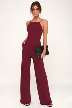 Something to Behold Burgundy Jumpsuit Solid Strapless Fitted Jumpsuit For Date Night, Fitted Strapless Sleeveless Jumpsuit For Date Night, Elegant Solid Jumpsuits With Spaghetti Straps, Chic Fitted Strapless Jumpsuit With Spaghetti Straps, Elegant Jumpsuits And Rompers With Spaghetti Straps, Fitted Jumpsuits And Rompers With Back Opening, Fitted Jumpsuits With Back Opening, Elegant Fitted Halter Neck Strapless Jumpsuit, Elegant Evening Jumpsuit With Spaghetti Straps