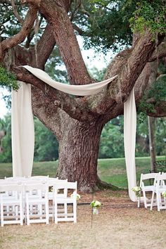 an outdoor ceremony setup with white chairs and draping draped over the tree branches