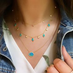 The perfect accessory to add just the right amount of colorful flair to any outfit. The versatility of this necklace allows you to layer it with more, or it can stand on its own. Hike it up as a beautiful choker, or wear it longer as subtle statement. Simulated turquoise Crystal accents Sterling silver, gold plated 5x3mm turquoise drops Adjustable slider chain up to 18″ Turquoise Aesthetic, Teal Jewelry, Beachy Necklace, Turquoise Choker, Beautiful Chokers, 2024 Outfits, Brown Gemstone, Diamond Tennis Necklace, Moon Bracelet