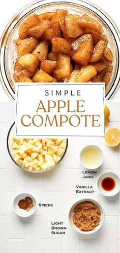 an apple compote is shown with ingredients to make it