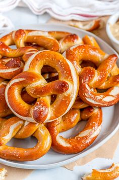 some pretzels are on a white plate