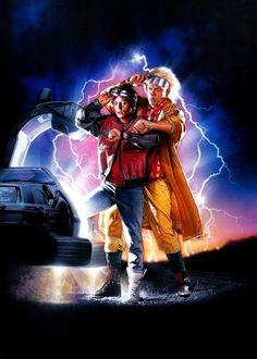 the back to the future movie poster with two people standing in front of a car