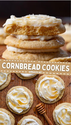 one image shows three cornbread cookies stacked on top of each other with honey dripping down them. The second image shows seven cookies on a wooden board with a wooden honey dipper next to them. Copycat Crumbl Cornbread Cookies, Trix Cookies, Unique Christmas Cookie Flavors, Cornbread Cookie Recipe, Cornbread Cookies Crumbl, Easy Unique Cookie Recipes, Unique Bakery Treats, Fall Flavored Cookies, Unique Cookies Recipes