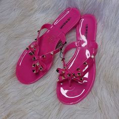 These Pink Thong Sandals Are Perfect For The Spring And Or Summertime Cute With A Pink Bow And Gold Studs Where To The Beach Or To The Pool Or Just Out For Casual Cute Day Size 7 These Are New But They Will Not Have A Tag Attached Tory Burch Sandal, Tie Sandals, Miller Sandal, Ankle Strap Block Heel, Black Flip Flops, Ankle Strap Shoes, Leather Platform Sandals, Metallic Sandals, Peep Toe Sandals