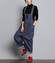 Denim Casual Spring Denim Overall Women Jumpsuits Casual Denim Overalls, Baggy Blue Straight Leg Overalls, Blue Baggy Straight Leg Overalls, Blue Baggy Overalls, Casual Dark Wash Overalls, Spring Baggy Solid Color Overalls, Dark Wash Baggy Overalls, Casual Blue Overalls, Denim Blue Cotton Overalls