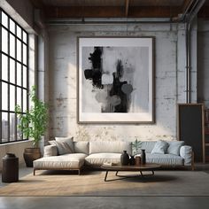 a living room filled with furniture and a painting on the wall above it's windows