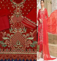 luxury gold thread and sequence embroidery work 3piece Unstitched Chiffon Salwar kameez Colour True Red Fabric Details :- Top :- Front and Back Shirt Fancy Base Chiffon Embroidered Shirt Colour :- Suit and Salwar, Dupatta True Red Colour Work :- Embroidery With Sequence & golden thread Work Bottom :- Dyed Raw Silk Trouser Dupatta :- Embroidered Chiffon Dupatta Type :- Unstitched Please note that we highly recommend to look at original pics and take your decision of purchase based on original pics. Colours may slightly vary due to pic resolution however original pics have been listed without any filters Perfect for Party or any Festive wear. Bollywood Red Lawn Suit For Wedding, Red Semi-stitched Anarkali Lawn Suit, Festive Red Unstitched Suit With Dabka Work, Semi-stitched Red Chinon Lawn Suit, Festive Red Lawn Suit With Zari Work, Red Anarkali Lawn Suit In Chinon, Red Chinon Anarkali Lawn Suit, Elegant Red Lawn Suit For Diwali, Elegant Red Jamawar Unstitched Suit