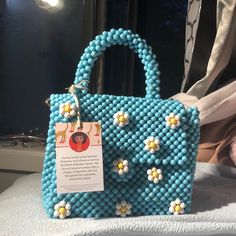 Blue Pearled Handbag With Flowers Heart Bead Bag Pattern, Trendy Blue Shoulder Bag For Gift, Blue Top Handle Shoulder Bag For Spring, Blue Rectangular Bags For Spring, Cute Blue Pouch Shoulder Bag, Light Blue Beach Bag For Spring, Cute Blue Bag For Spring, Cute Blue Spring Bag, Light Blue Spring Vacation Bag