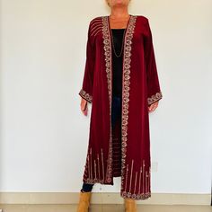 A Stunning Sequinned and Beaded Boho Hippy Kimono Jacket.  Goddess Chic ;Perfect for Weddings,Holidays,Festivals,Special Events and Parties. Handmade from a Vintage Indian Sari so truly Unique,and Sustainable. The fabric is a Gorgeous and Flattering Wine Silk Crepe , with Exquisite Gold and Silver Embellishment and featuring 1000's of Glittering Beads and Sequins One size fits Small ,Medium ,Large.  UK 8 to 14     US 4 to 10     EU  36 to 42  The length is 132 cm / 52 ". The chest is 102 cm / 40 Embellished Long Sleeve Festive Kaftan, Long Sleeve Embellished Festive Kaftan, Embellished Long Sleeve Kaftan For Festive Occasions, Long Sleeve Embellished Kaftan For Festive Occasions, Bollywood Style Embellished Long-sleeved Abaya, Embellished Bollywood Abaya, Bollywood Style Embellished Long Sleeve Abaya, Traditional Fitted Embellished Outerwear, Fitted Traditional Embellished Outerwear