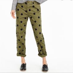 J. Crew Boyfriend Chino Pants With Polka Dots New With Tags. 100% Cotton. Features 4 Pockets, Zipper And Button Closure, Extra Button. Measures 13.5” At Waist, 17” At Hip, 10” Rise, 24.75” Inseam. Always Feel Free To Make Me An Offer Or Bundle With Any Of My Other Items For A Bigger Discount Spring Polka Dot Cotton Pants, Casual Polka Dot Cotton Bottoms, Polka Dot Workwear Bottoms, Polka Dot Cotton Bottoms With Pockets, Polka Dot Bottoms For Workwear, Casual Polka Dot Work Pants, Fitted Polka Dot Casual Bottoms, Casual Polka Dot Pants For Work, For The Boyfriend