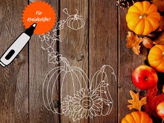 an apple, pumpkins and other autumn decorations on a wooden surface with the words fun thanksgiving written in white ink