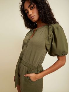 NATION LTD Garner Combo Romper Olive Green Romper, Extra Skin, Nation Ltd, Velvet Jumpsuit, Short Jumpsuit, Keep It Simple, Perfect Outfit, Puff Sleeves, Spring Summer Fashion