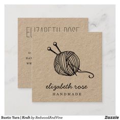 two business cards with the words elizabeth rose and knitting needles in black ink on brown paper