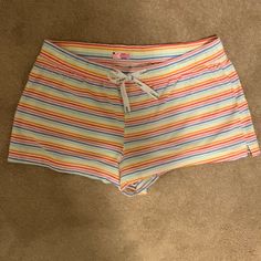 New Soft, Striped Rainbow Sleepwear Shorts In Size Large By Calvin Klein With Adjustable Drawstring Waist - Never Worn! Calvin Klein Cotton Shorts For Loungewear, Multicolor Short Sleepwear For Sleepover, Multicolor Cotton Short Sleepwear, Calvin Klein Bottoms For Spring Loungewear, Calvin Klein Stretch Bottoms For Beach, Calvin Klein Summer Loungewear Shorts, Calvin Klein Loungewear Summer Shorts, Calvin Klein Short Loungewear Bottoms, Calvin Klein Loungewear Shorts