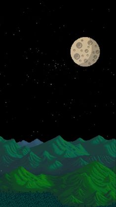 an image of the moon in the night sky over some mountains and hills with trees