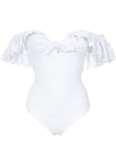 White texture ruffled swimsuit from Amir Slama featuring a sweetheart neckline, short sleeves, a back tie fastening and a lining. Underwear and lingerie must be tried on over your own garments. This item is true to fit. Please note this item has a brazilian cut. White Swimsuit Outfit, Rashguard Women, Sparkly Leotard, White Body Suit, White One Piece Swimsuit, Swimsuit White, White Bathing Suit, Trendy Swimsuits, Swimsuits Outfits