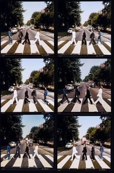 several pictures of people crossing the street