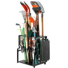 a metal rack holding gardening tools and utensils